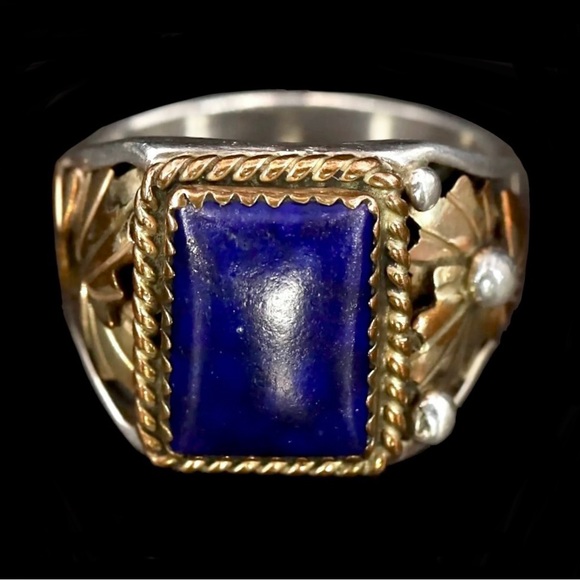 👑🫐🗝️Signed - Richard Begay, Navajo Vintage Sterling Silver Lapis Gold Wash Ring - Picture 1 of 7